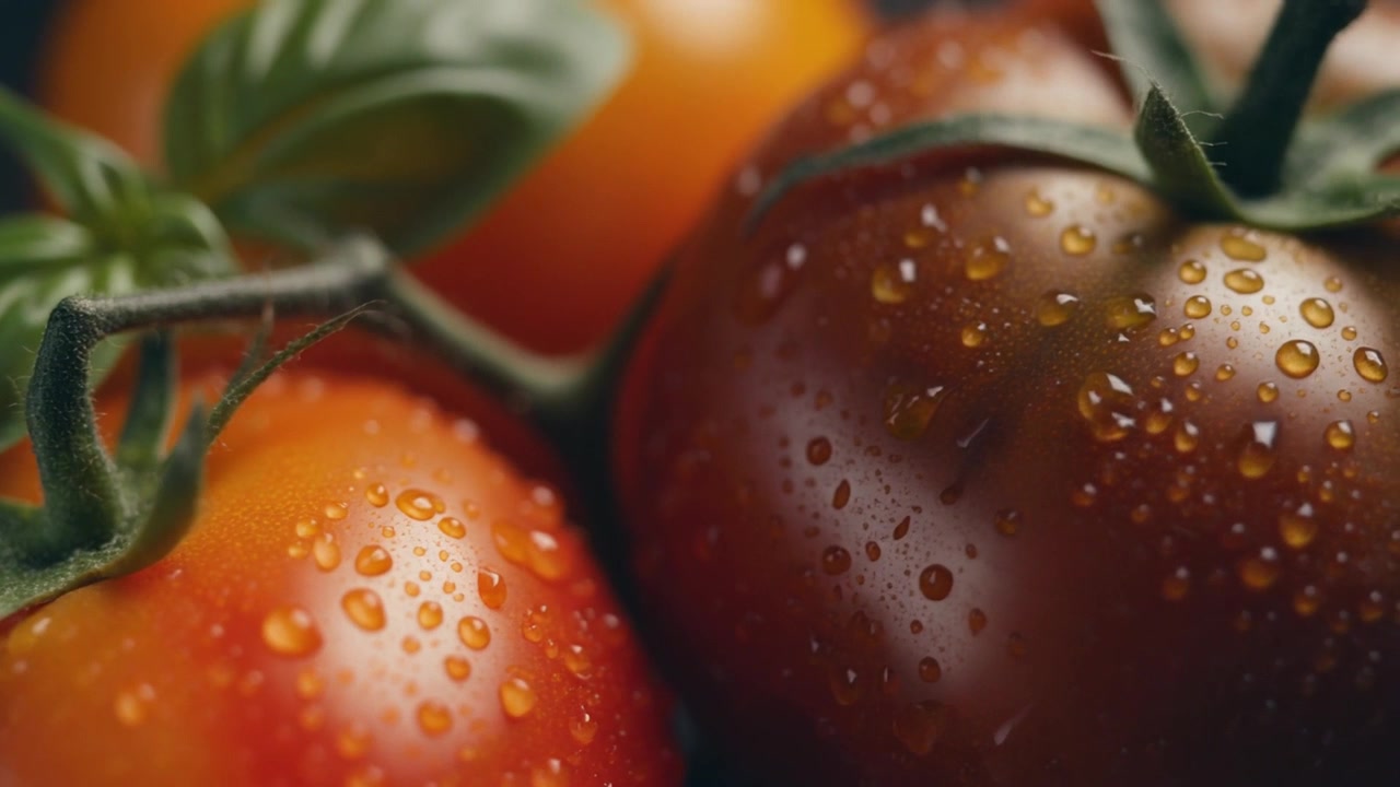 Fresh Tomatoes With Water Droplets and Basil Leaves