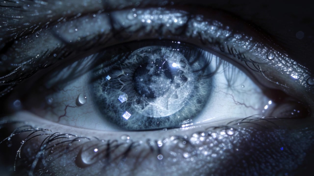Rivelando un occhio umano che si contrae in uno studio, causando un riflesso lunare, scintille di cristallo, lacrime che brillano.