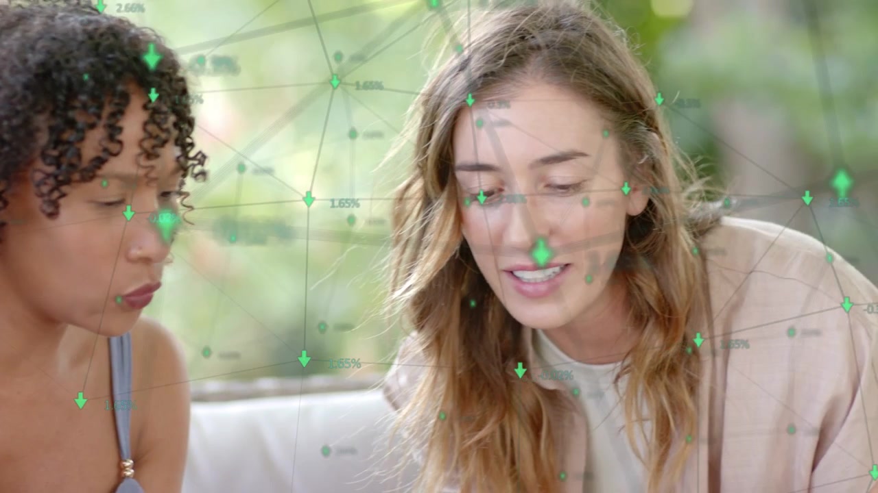Vertical video: Leaning in woman on right tapping smartphone to friends on patio green overlay