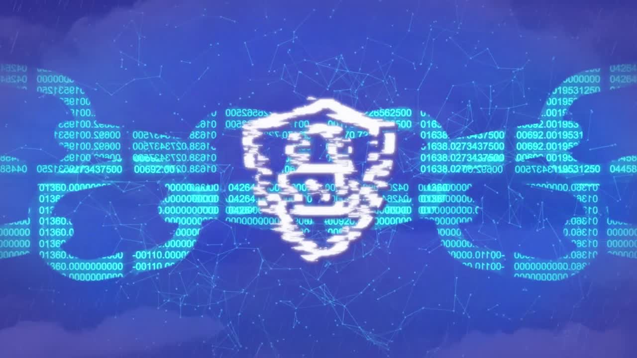 Animation of security padlock and chain icon over network of connections against blue background