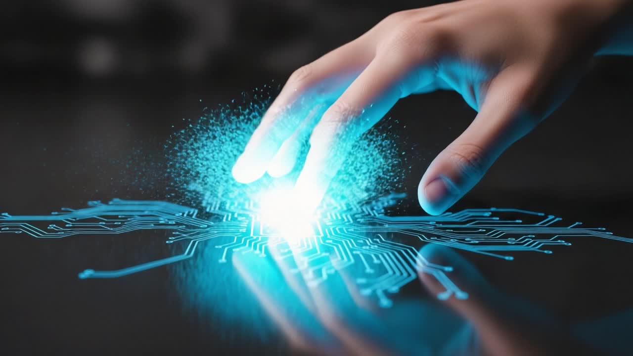 A Futuristic Touch: Exploring the Intersection of Technology and Human Interaction with a Hand Engaging with a Glowing Circuit Board