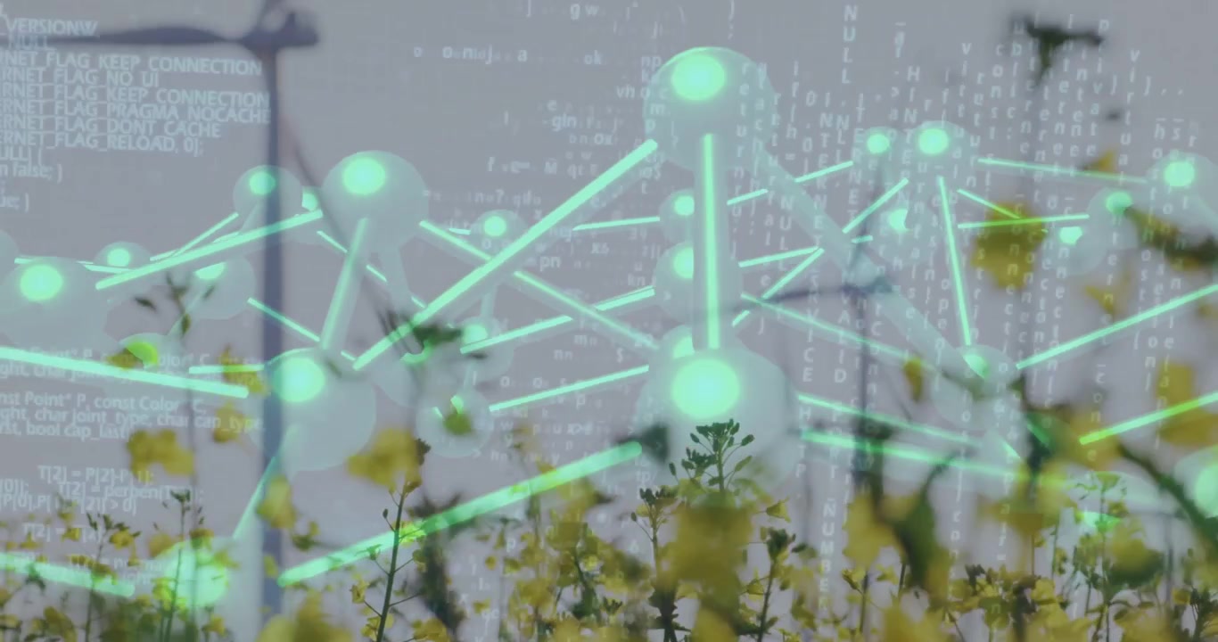 Yellow blooms swaying, neon overlay expanding on plants, camera pulling back showing turbine energy