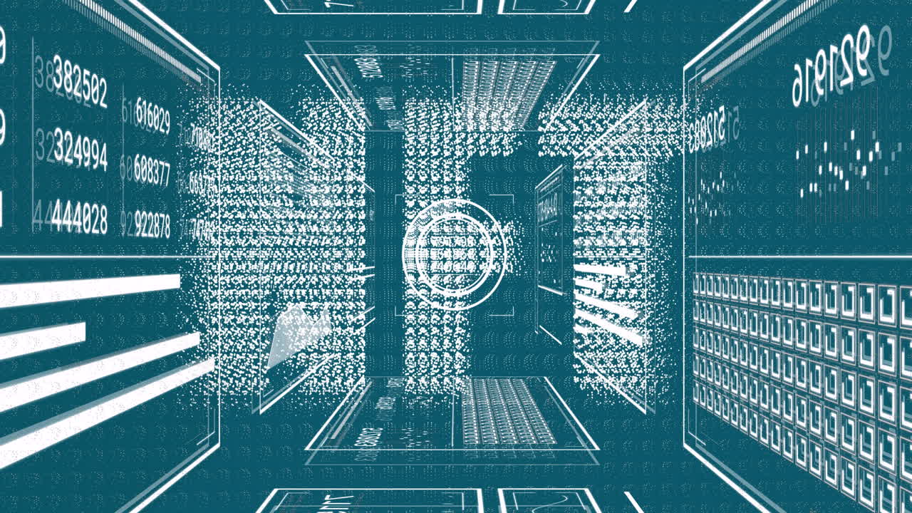 Animation of nft text banner and interface with data processing against blue background