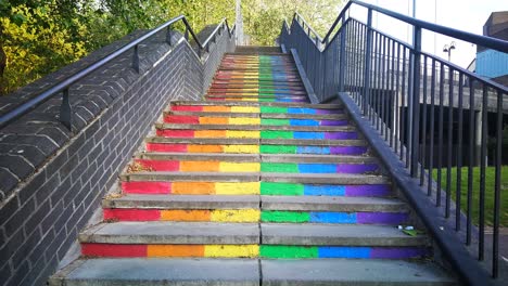 a view of the 'rainbow walk' piece installed on stairs in swindon town centre