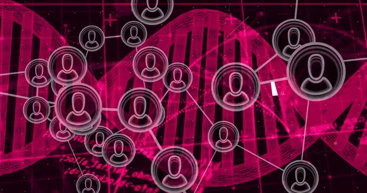 Dönen bir DNA sarmalı, kullanıcı bağlantılarını görselleştirmek için ortaya çıkan ve bağlanan 3D ağ düğümlerini tetikliyor.