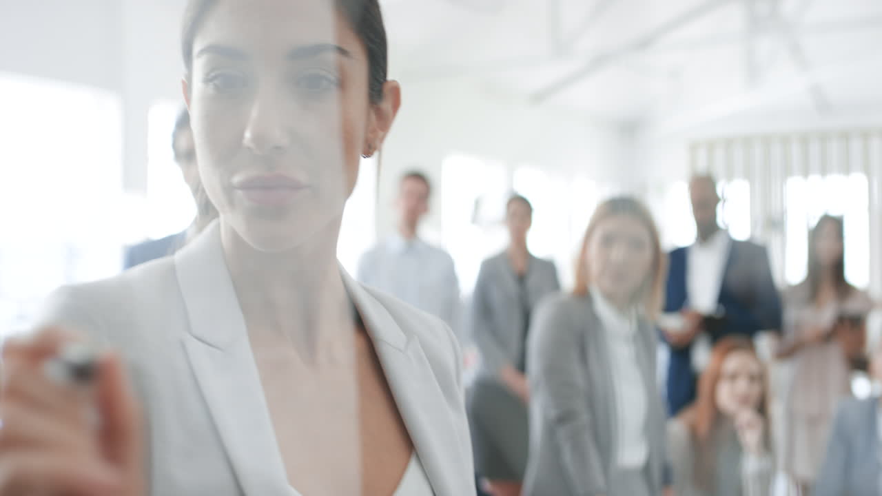 Presentation, meeting and female leader writing