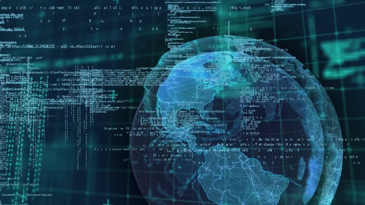 Animation of globe and data processing on black background
