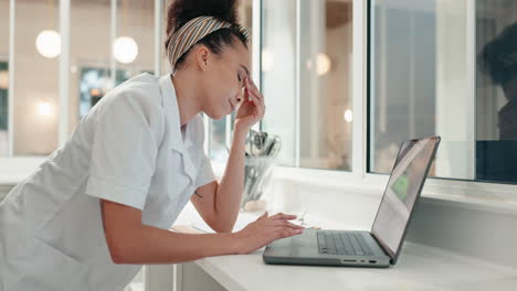 headache, woman and laptop in kitchen with burnout