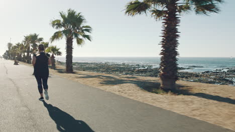 Beach,-back-view-and-plus-size-woman-running-to