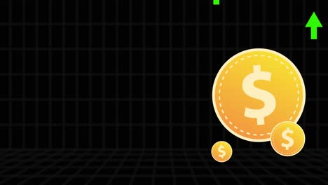 dollar coins with green arrows up in black grid background. financial concept. animation