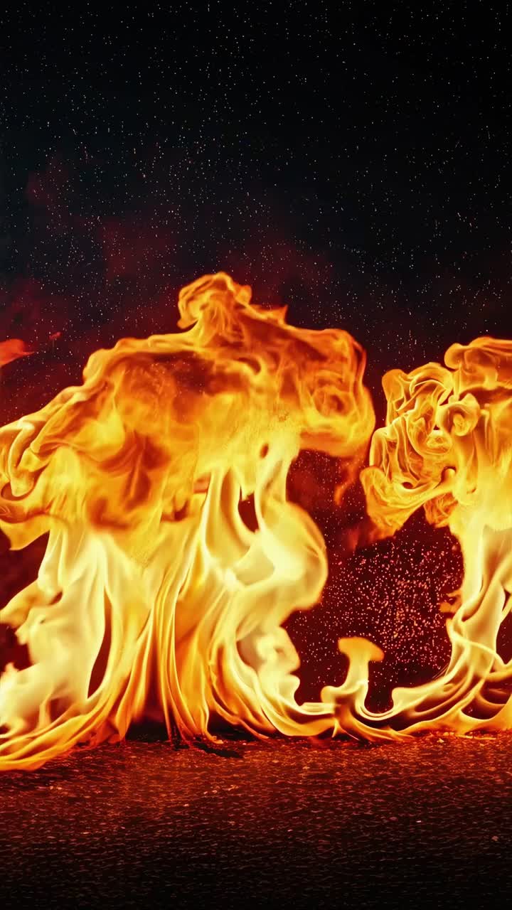 Koyu bir arka plana karşı canlı alevlerin yakın çekim videosu, düşük bir açıdan çekilmiş