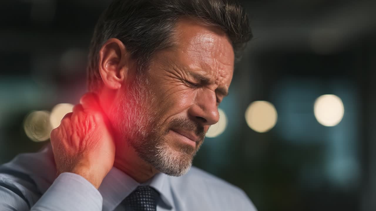 Un uomo che soffre di dolore e fastidio al collo: esplorazione dell'impatto della tensione muscolare e dello stress sulla vita quotidiana e sul benessere in un ambiente soft focus