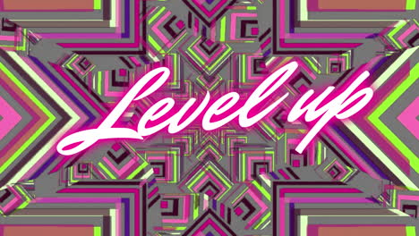 animation of level up text over looping geometric pattern against abstract background