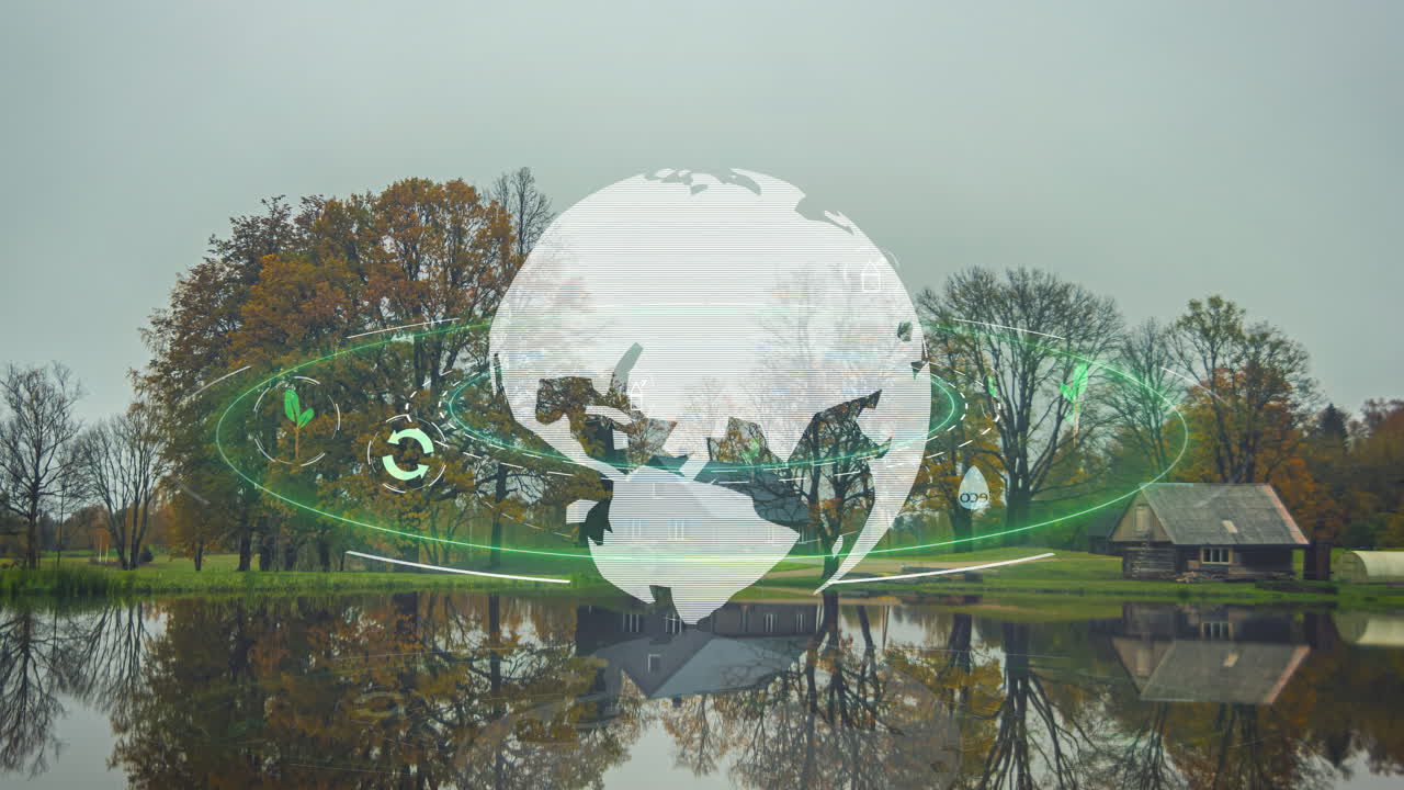 granja rural junto a un estanque en un lapso de tiempo de todas las estaciones con un gráfico de calentamiento global de la tierra verde