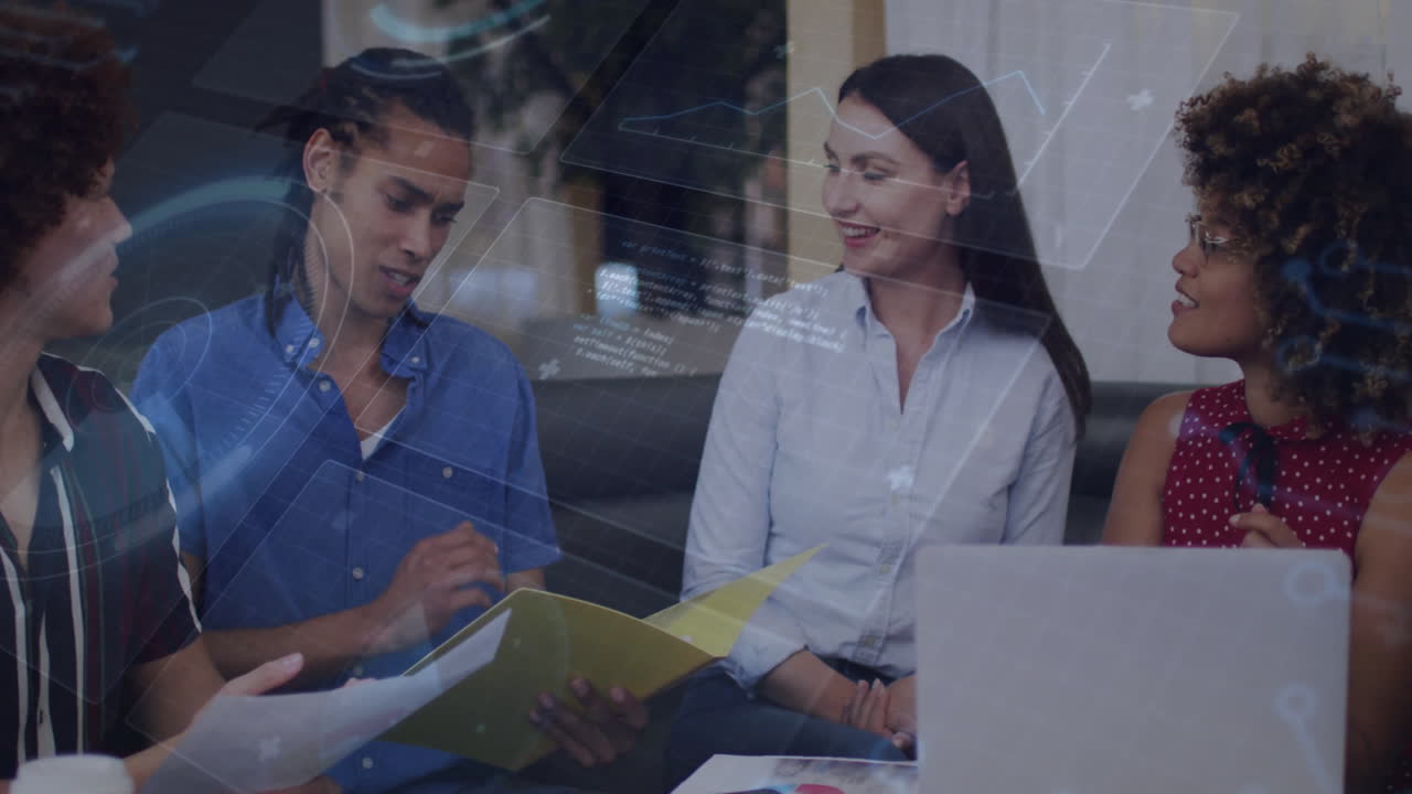 In school, diverse group discussing documents with data processing animation overlay