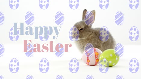 animación de huevos de pascua con conejo y feliz texto de pascua