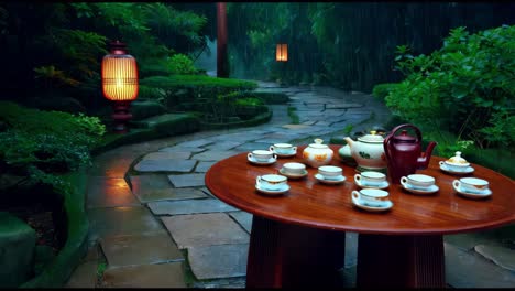 rainy tea ceremony in a japanese garden