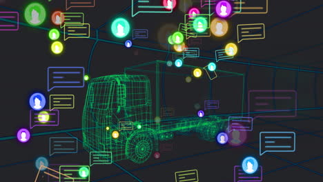 Animation of digital wireframe truck with colorful social media icons and messages