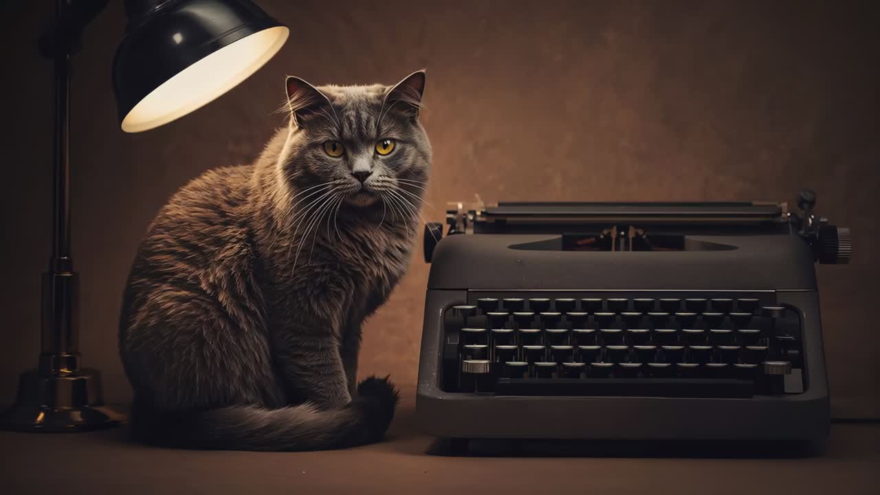 Sitting gray cat reacting to camera, shifting head and tail on desk with lamp, vintage typewriter