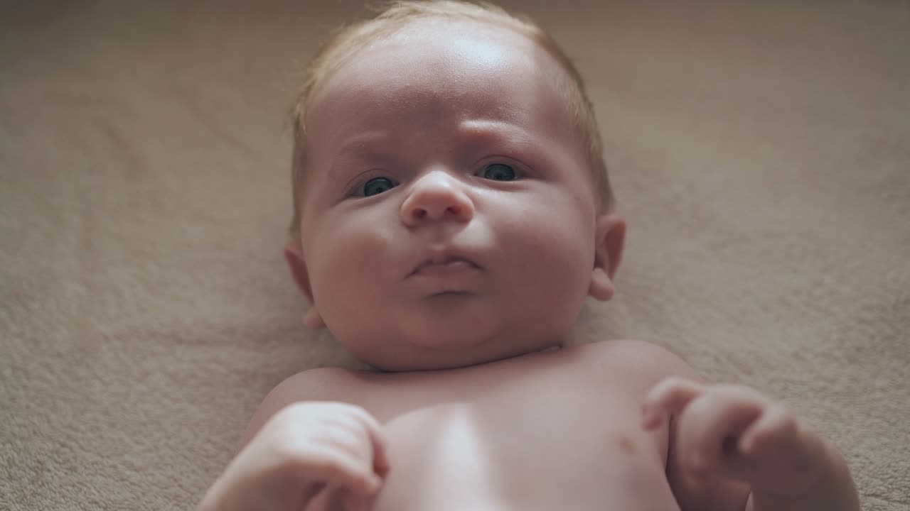 filho recém-nascido adorável com bochechas bonitas e cabelo curto e branco