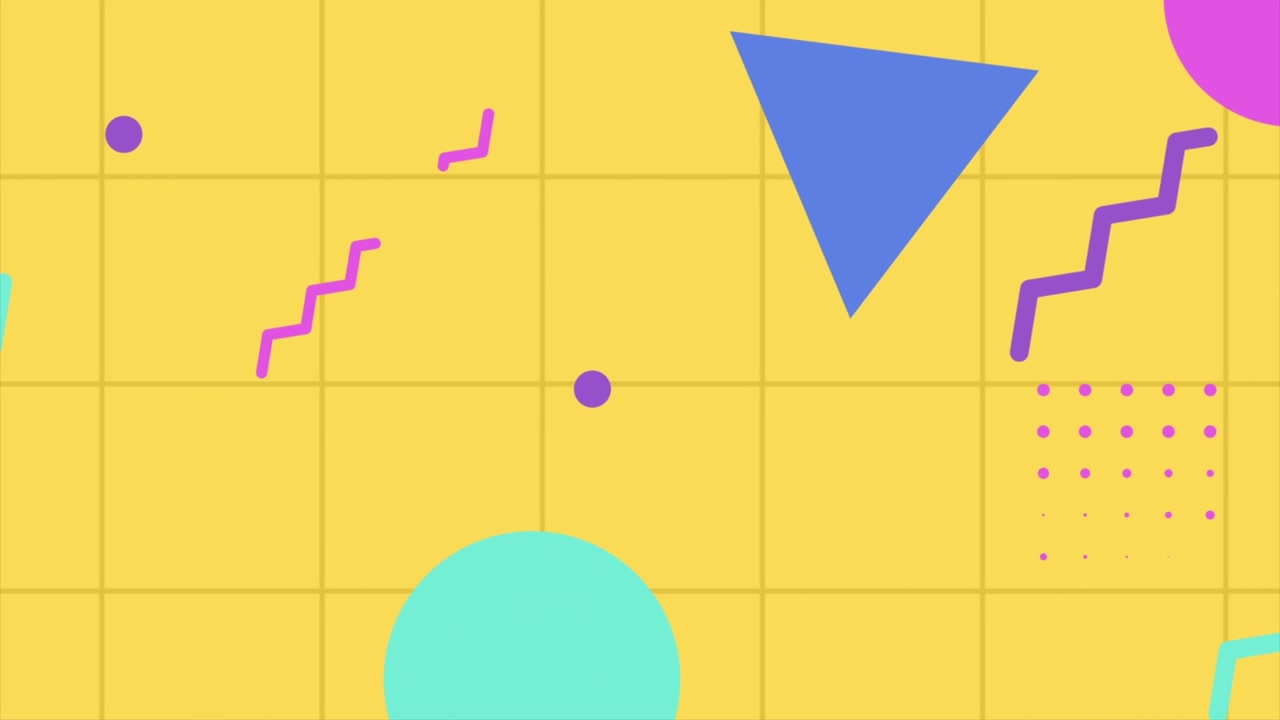Forme geometriche retrò animate e colorate su sfondo a griglia gialla