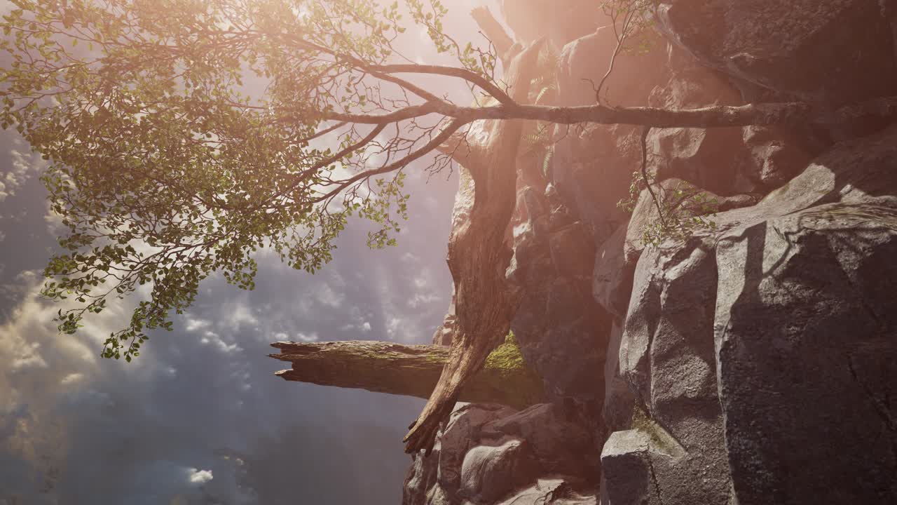 해가 지는 산의 풍경. 산 꼭대기에서 놀라운 전망