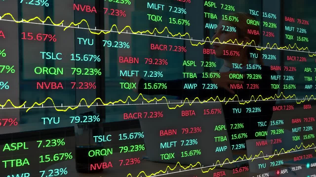 Animazione dell'elaborazione di dati finanziari su una donna d'affari in ufficio