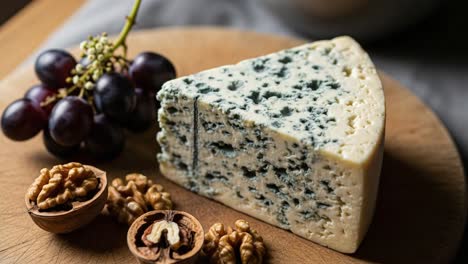 a beautifully arranged gourmet cheese platter featuring blue cheese, juicy grapes, and crunchy walnuts on a wooden board capturing the essence of culinary elegance
