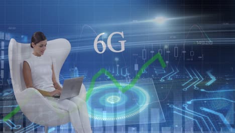 animación de texto de 6g, procesamiento de datos financieros sobre una mujer de negocios que usa una computadora portátil