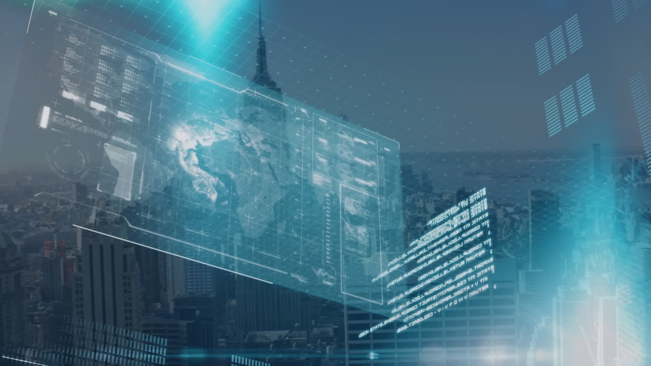 Animation of data processing over cityscape