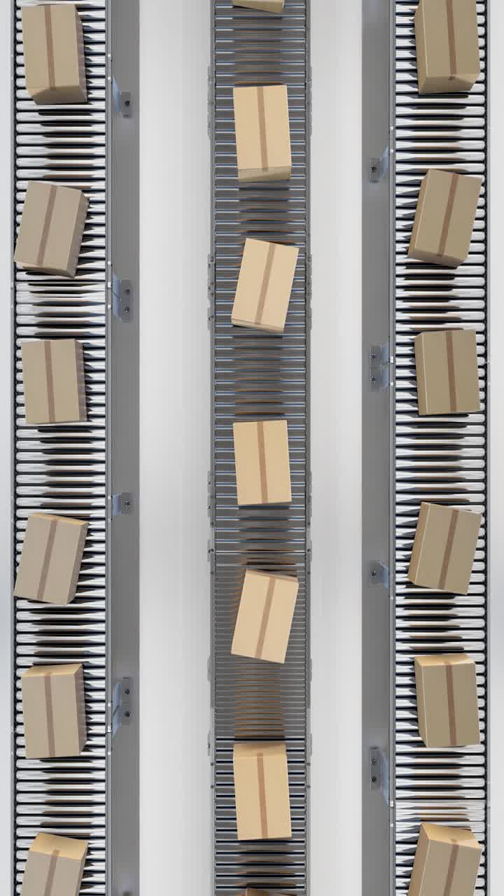 Carton boxes moving on conveyors at futuristic warehouse. 3d render