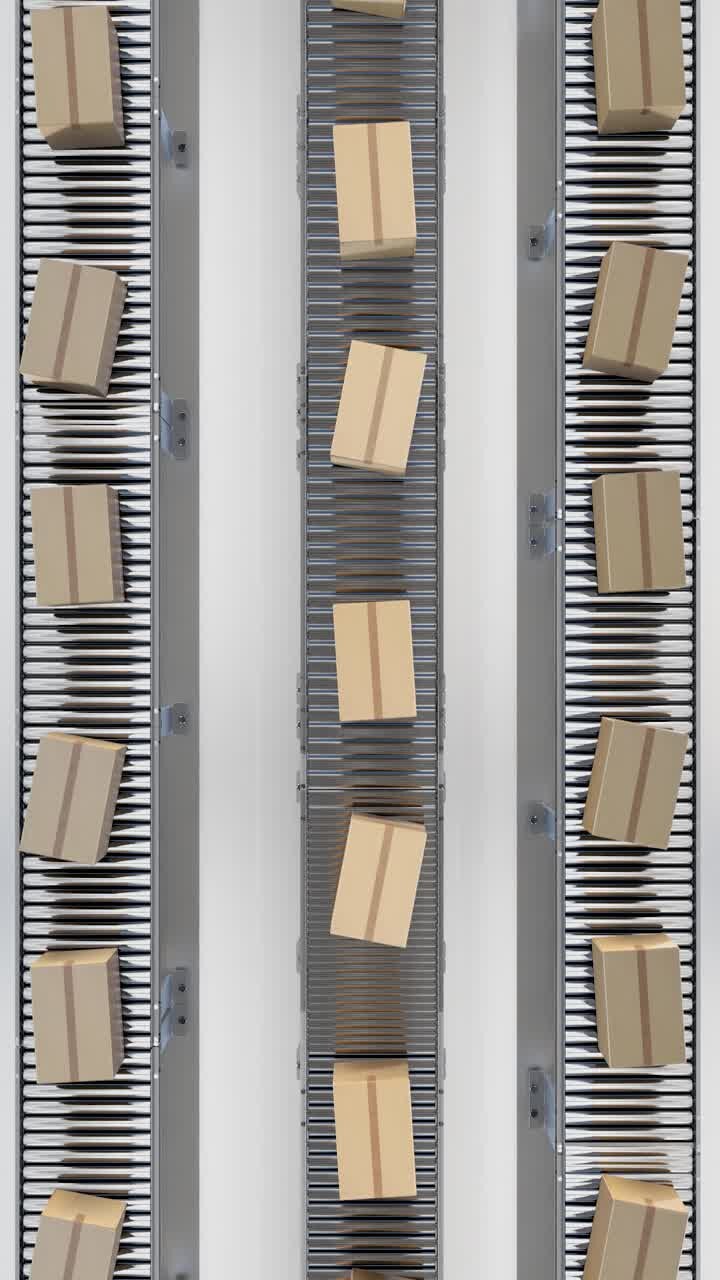 Carton boxes moving on conveyors at futuristic warehouse. 3d render