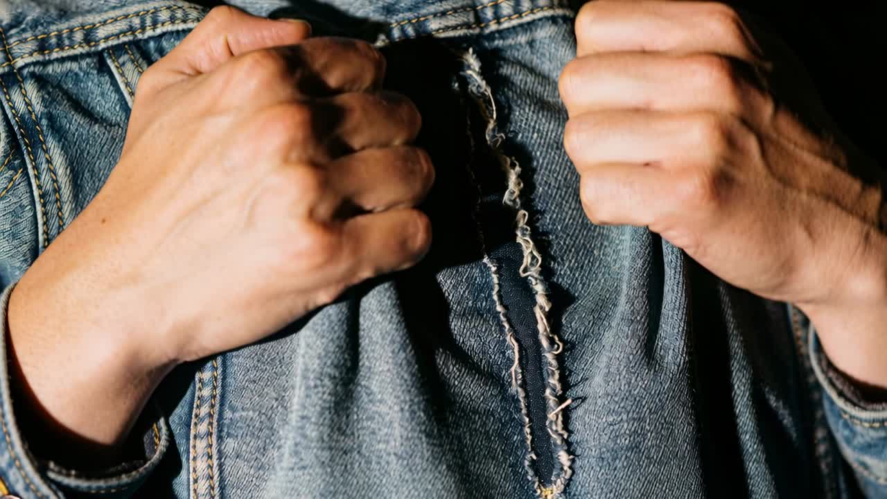 Začínající pevný úchop na švu, ruce táhnou džínovou bundu nahoru v detailním záběru ve studiu, odhalující roztřepený šev.