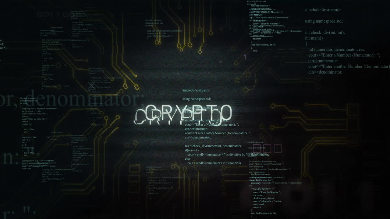 Animation of crypto text over network and processing data on black background