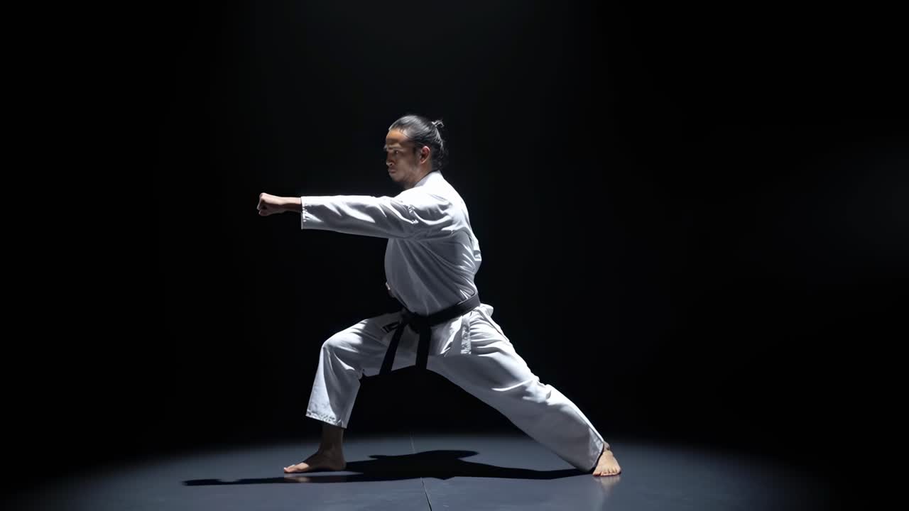 Artista marziale in posa di karate, angolazione laterale, illuminazione drammatica, perfetto per un video di allenamento