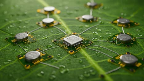 a close-up view of a sophisticated microchip circuitry integrating technology with nature on a leaf surface, highlighting rain-dampened elements