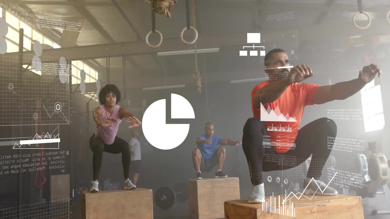 Animation of data processing and diagrams over diverse people jumping on boxes at gym