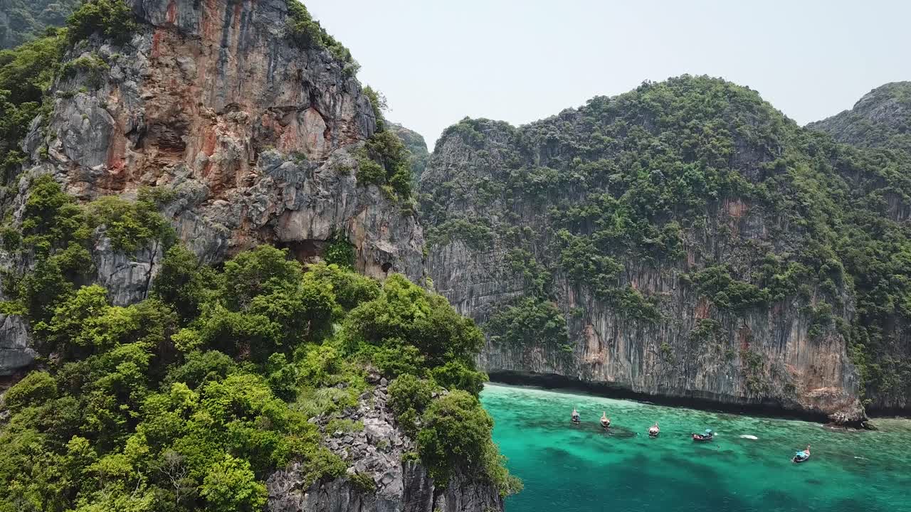 Limestone Cliffs on Phi Phi Islands and Famous Maya Bay Beach, Thailand, Ascending Aerial