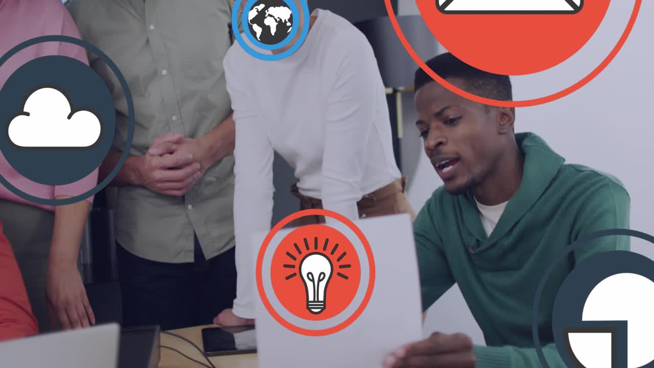 Animation of diverse business people using tablets and laptops