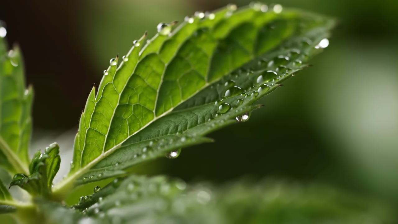 Macro Mint Leaf With Glistening Dew, Vivid Green Veins And Droplets On Textured Surface, Herbal Aroma