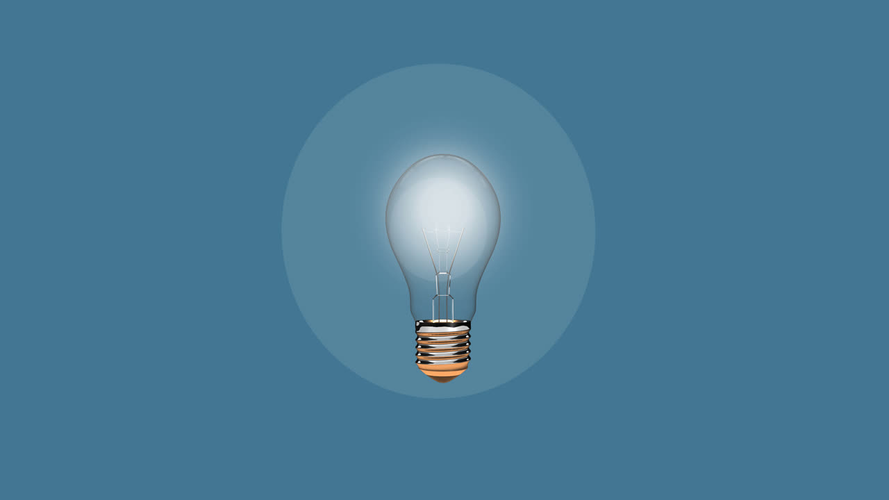 animación digital de una bombilla brillante que se mueve hacia atrás y hacia adelante contra un fondo azul