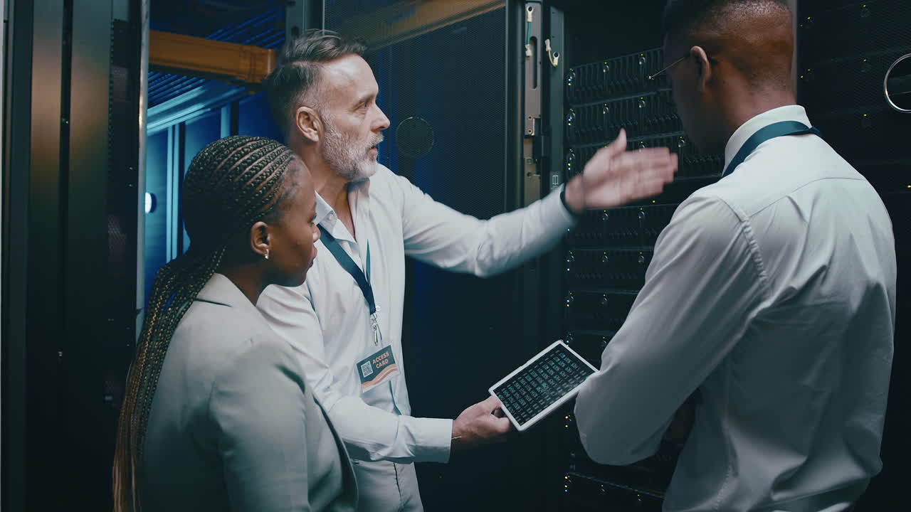 a group of technicians using a digital tablet