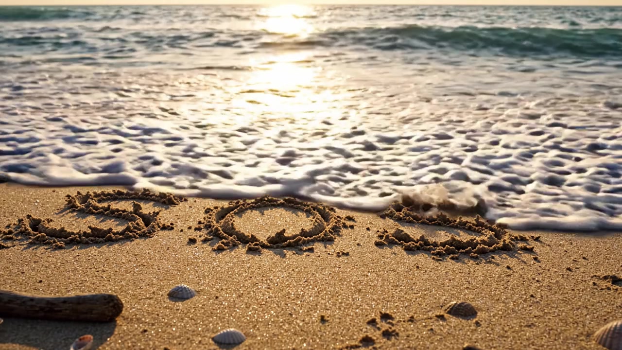 A Distress Signal Written in Sand: The Urgent SOS Call Illuminated by Golden Sunrise Reflections on the Shoreline