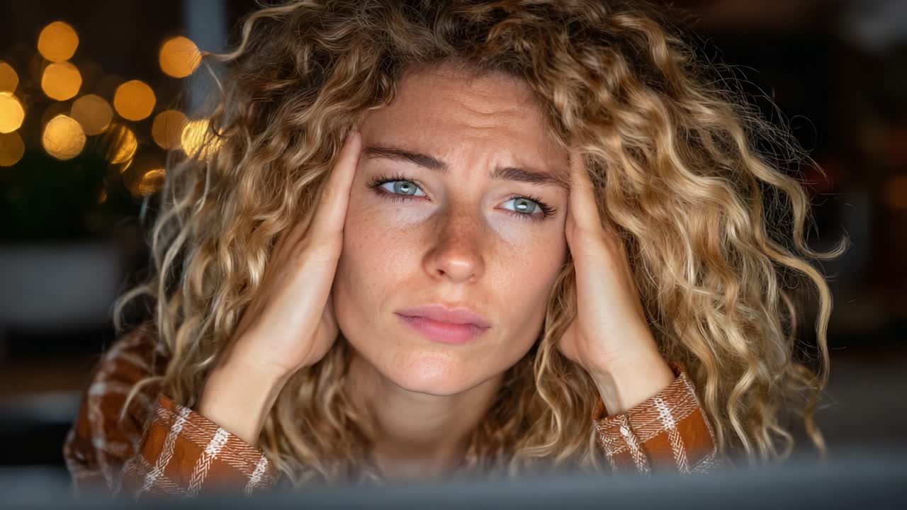 An Intense Moment of Reflection: A Woman Experiencing Emotional Overwhelm and Stress in a Cozy Indoor Setting with Soft Lighting and Dreamy Bokeh Effects