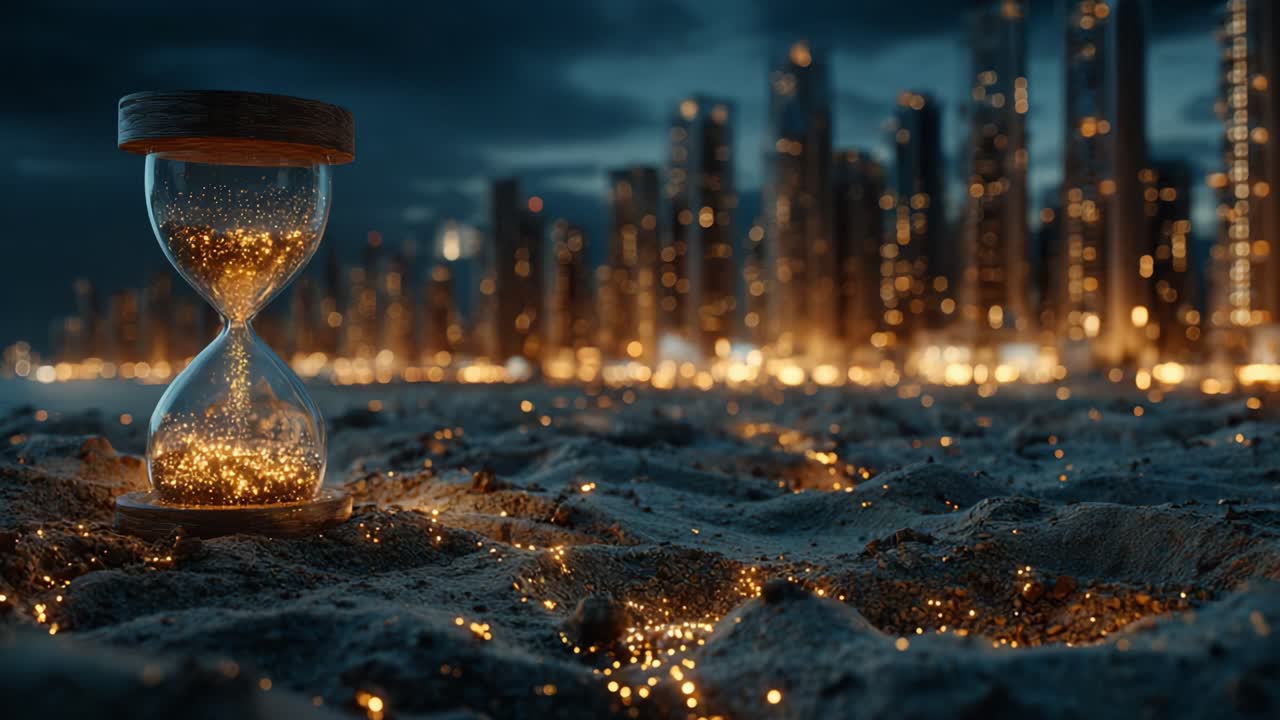 An Enigmatic Hourglass Stands Amidst a Glittering Beachscape at Dusk, Reflecting the Mystique of Time Passing Against a Distant City Skyline