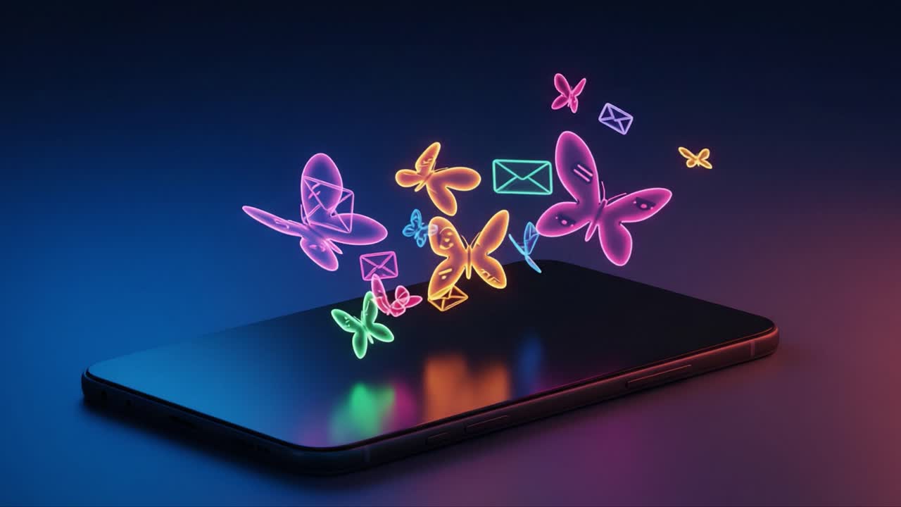 A Vibrant Display of Ethereal Butterflies and Mail Icons Emerging from a Smartphone, Symbolizing Connection and Digital Communication in a Colorful Universe