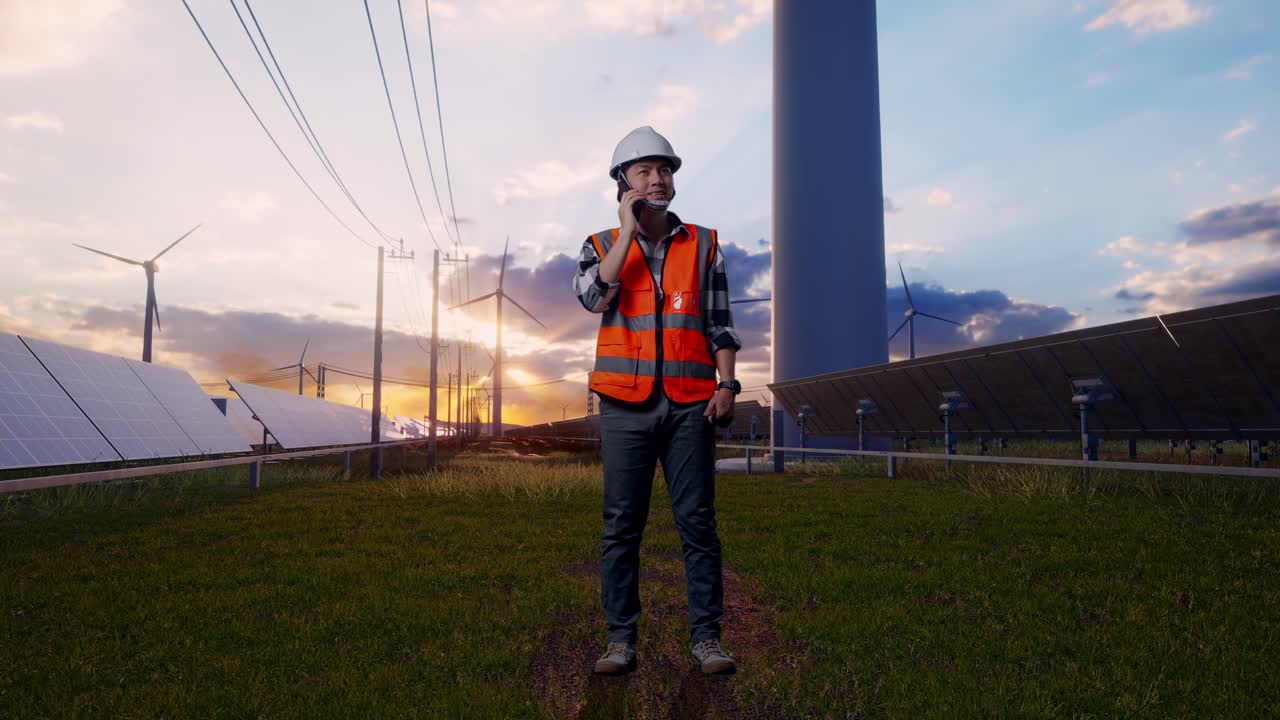 Full Body Of Asian Male Engineer With Safety Helmet Talking On Smartphone While Standing With Solar Panel and Wind Turbines