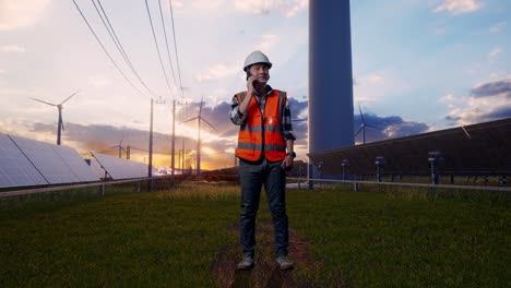 full body of asian male engineer with safety helmet talking on smartphone while standing with solar panel and wind turbines
