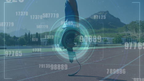 animation of digital data processing over disabled male athlete with running blades on racing track