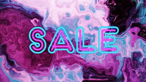 animación de venta de texto, en neón rosa y azul, sobre fondo rosa y gris arremolinado